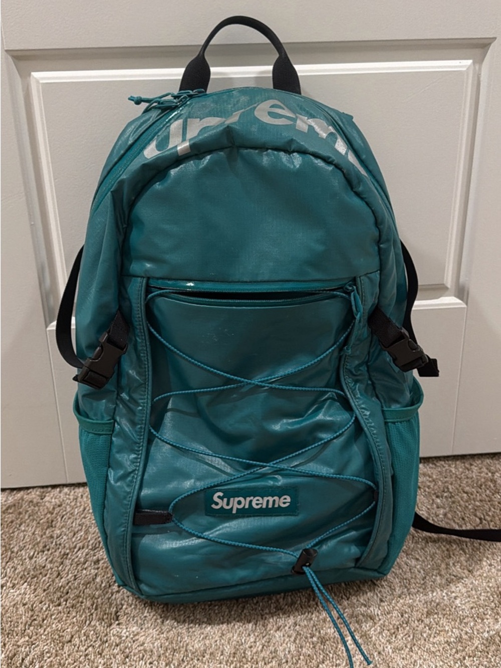 Supreme Teal Striped Logo Backpack